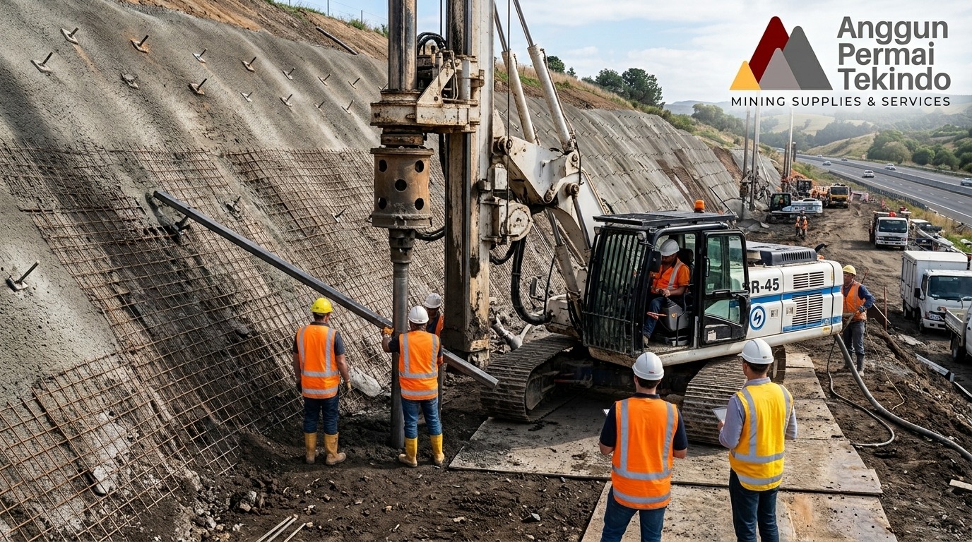 soil nailing, panduan soil nailing, soil nailing untuk engineer geoteknik, perkuatan lereng, tahapan soil nailing, soil nailing vs ground anchor, grouting, shotcrete, pull-out test, stabilisasi lereng tambang