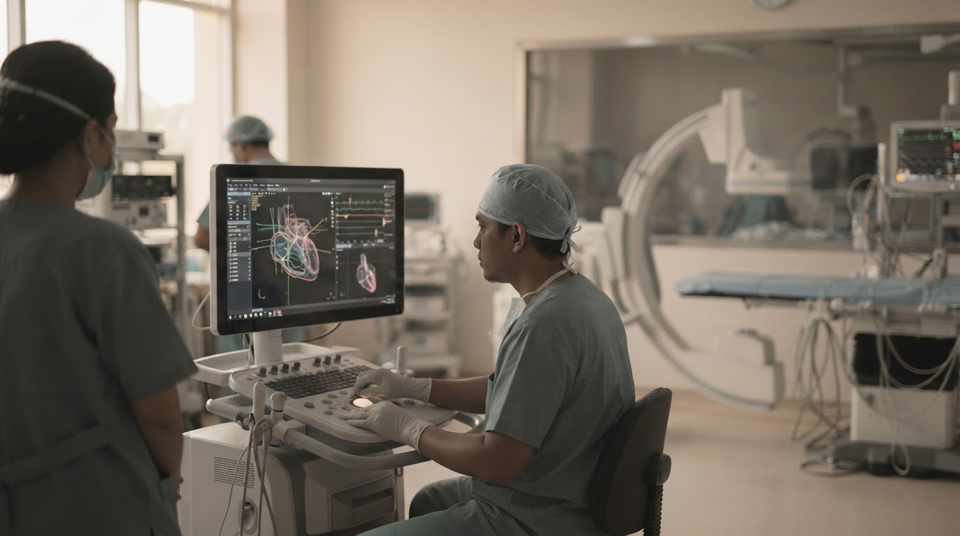 Medical staff examine a 3D visualization of heart structures on a computer screen inside a catheterization lab.