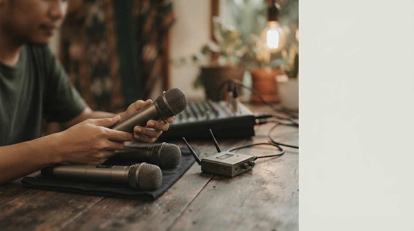 A person holds a wireless microphone at a wooden table with audio equipment and a mixer.