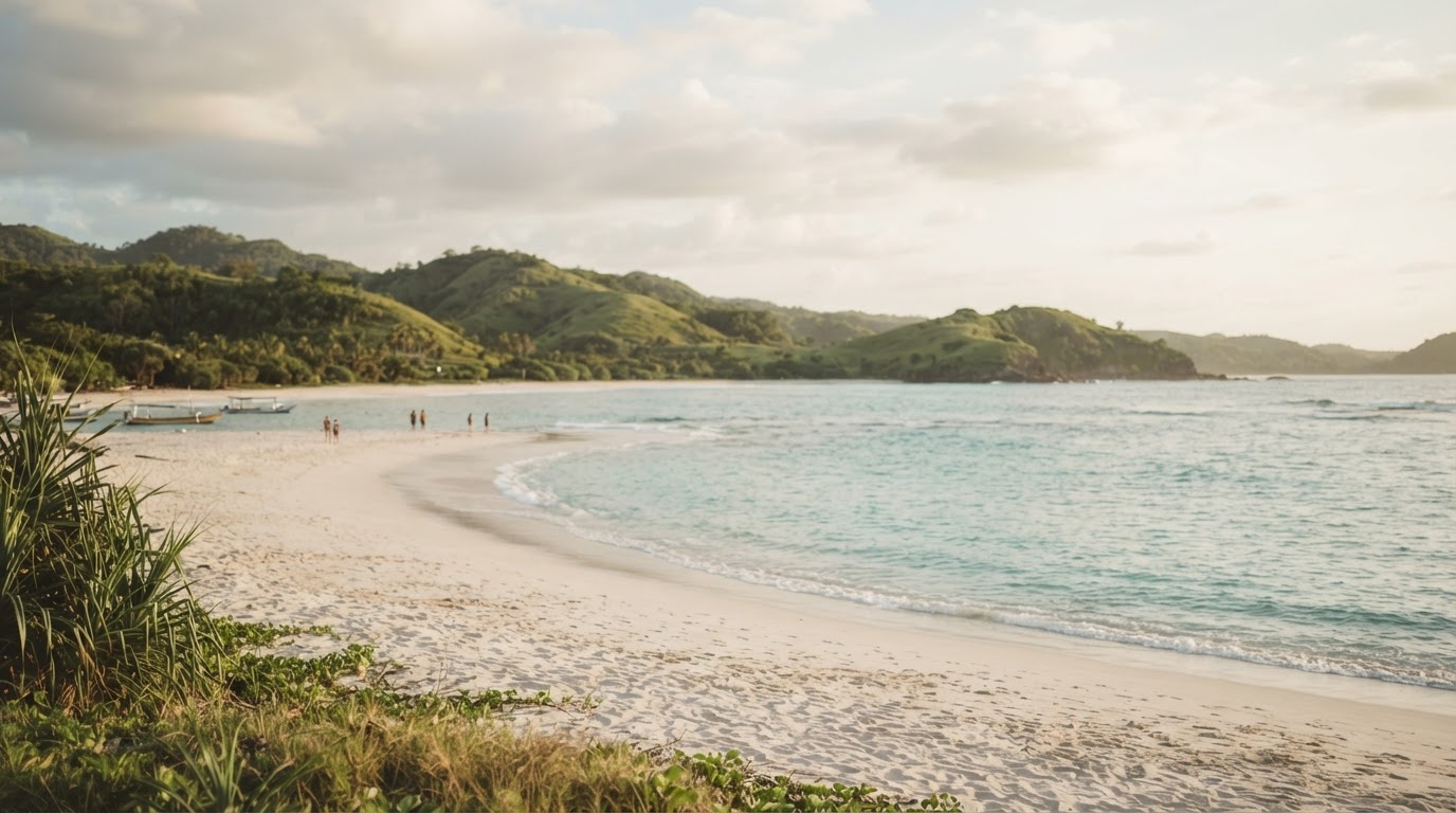 People walk along a white sandy beach with green hills and a cloudy sky in the background.