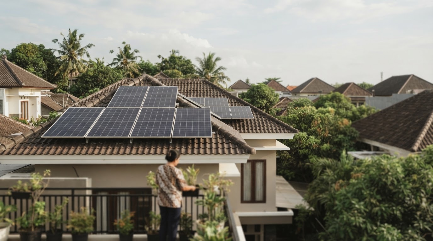 A person stands on a house balcony featuring rooftop solar panels in a green residential neighborhood.