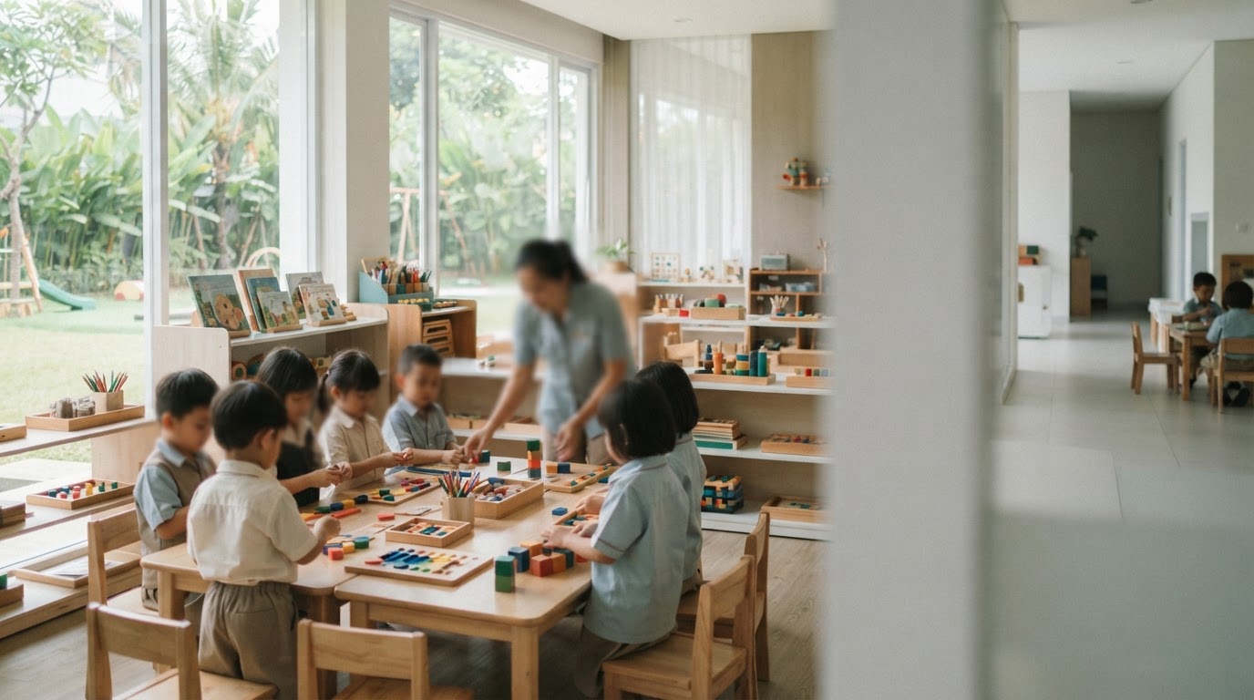 Preschool children sit at wooden tables playing with blocks with a teacher in a bright classroom.