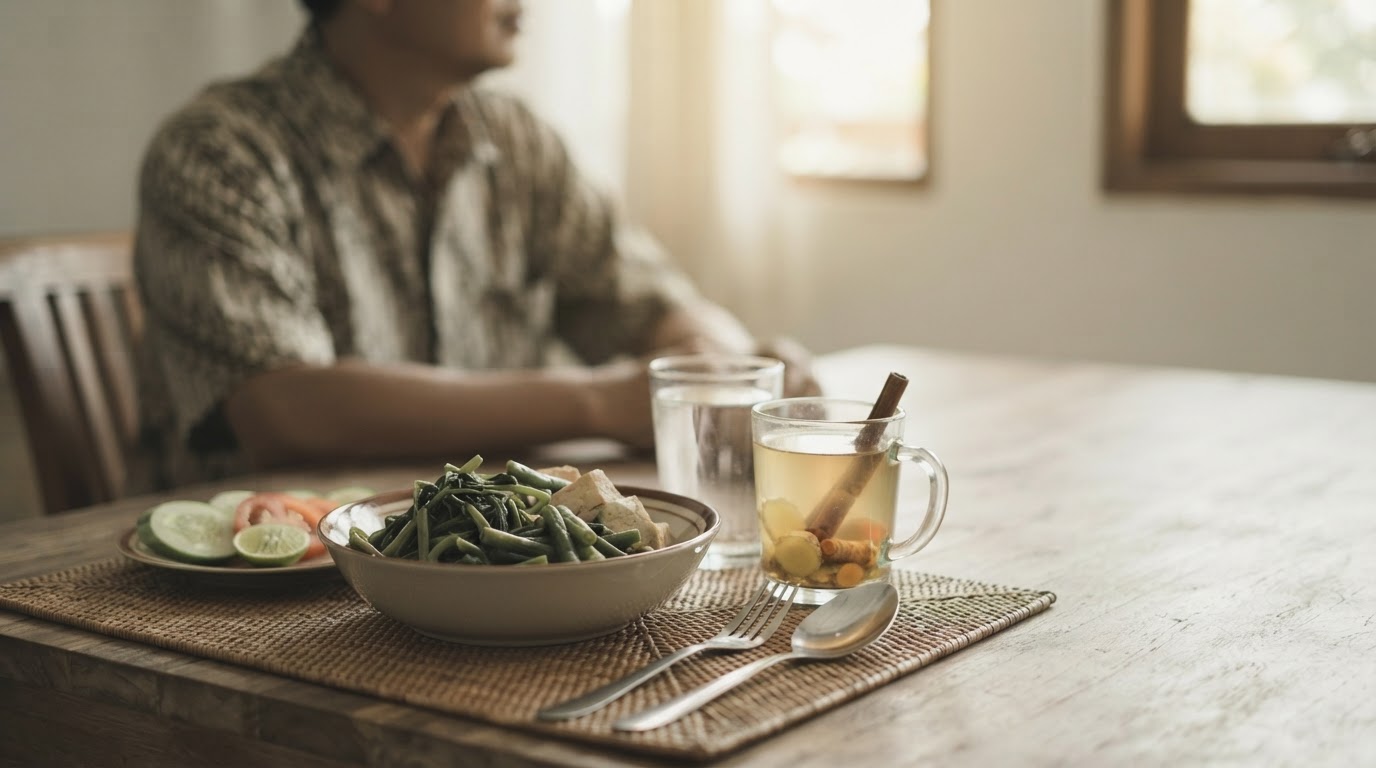 A person sits at a wooden table with a plate of vegetables, tofu, cucumber slices, and a glass of herbal tea.