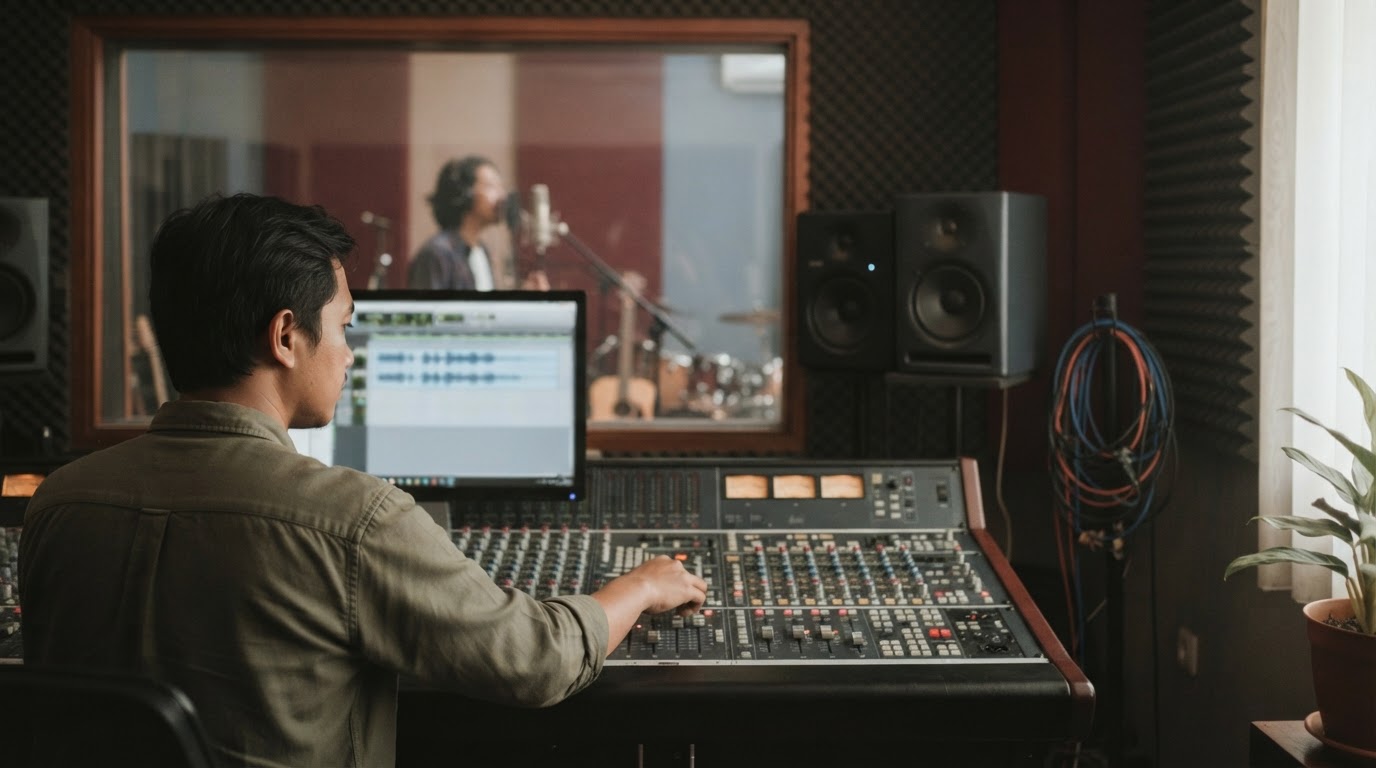 An audio engineer adjusts a mixing console in a control room while viewing a singer through a studio window.