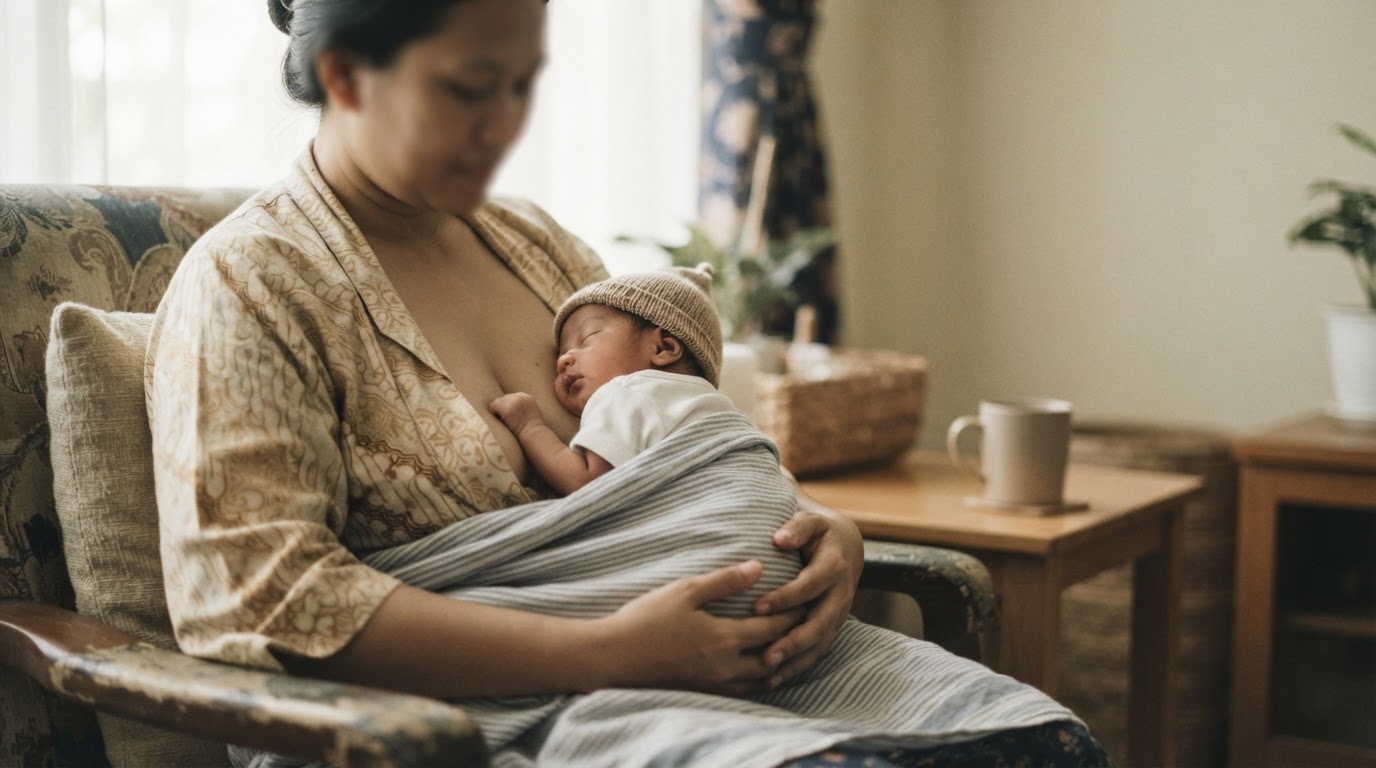 A mother breastfeeds her sleeping baby wrapped in a cloth while sitting on a chair in a cozy room.