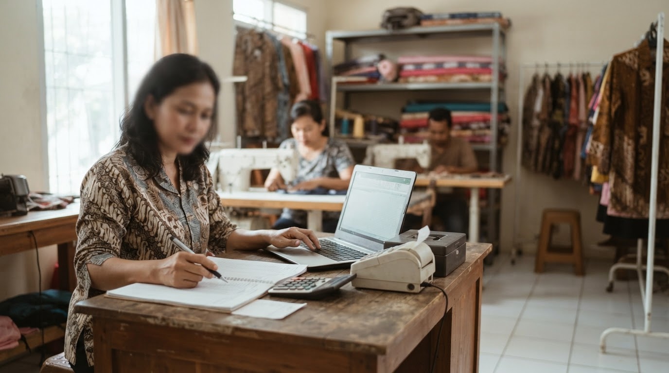 A woman in batik writes in a notebook by a laptop while colleagues sew in the background of a garment workshop.