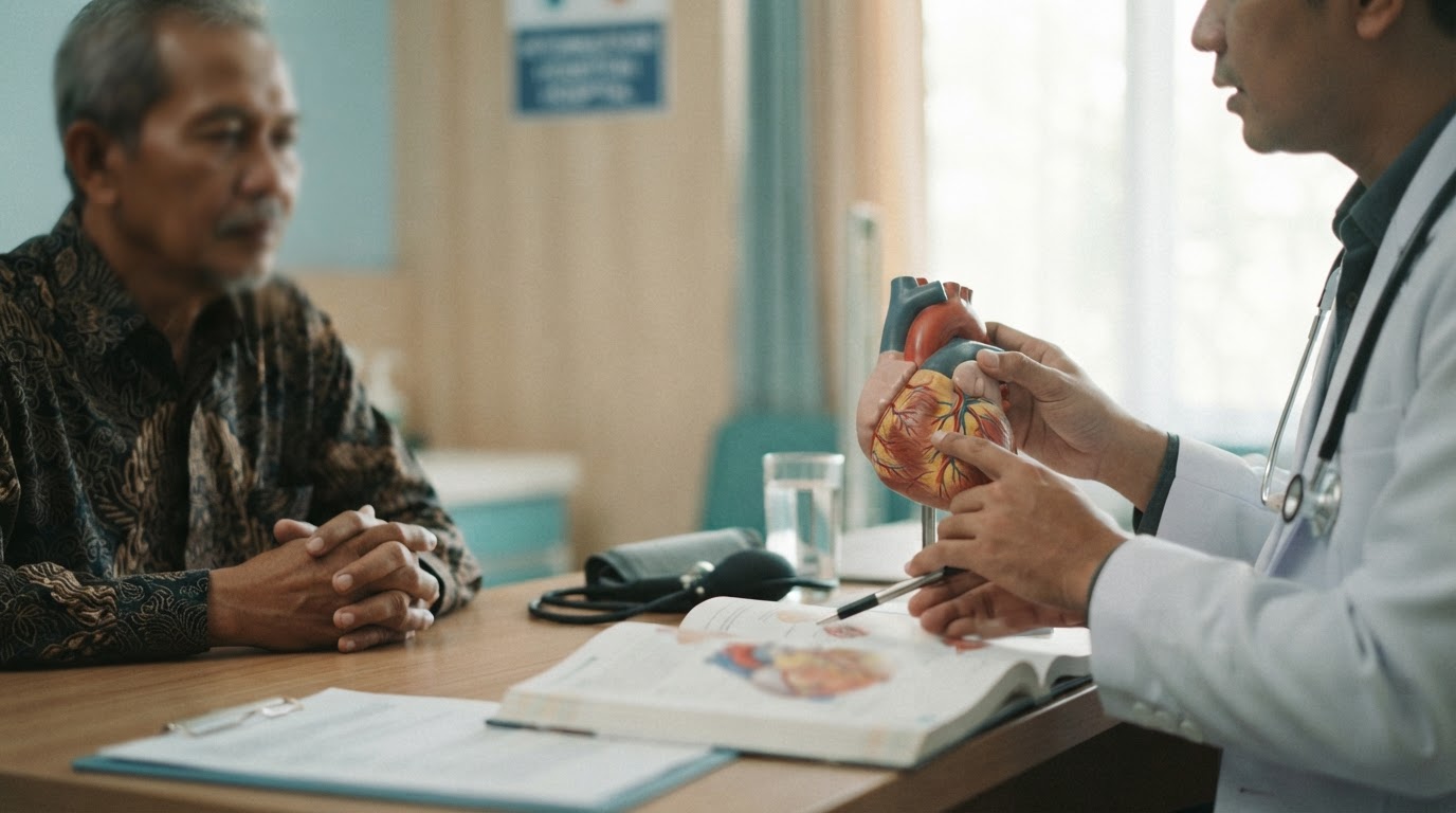 A doctor explains an anatomical heart model to a male patient in an examination room.
