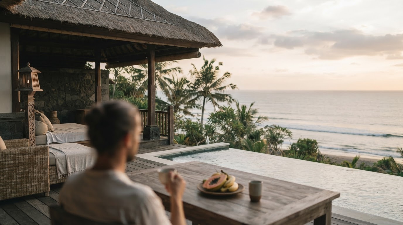 A person sits on a wooden villa terrace facing the ocean, holding a cup near a plate of fruit.