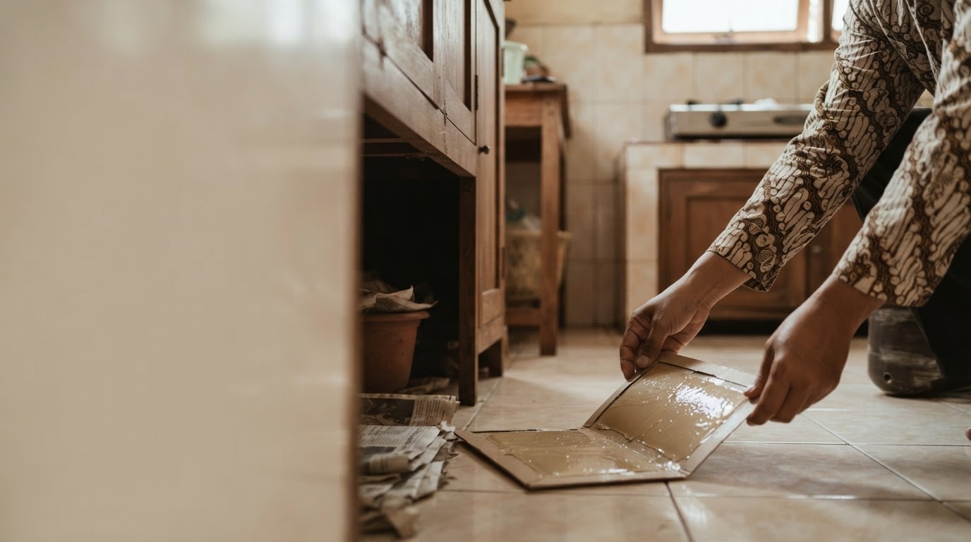 A person in a batik shirt places a sticky glue trap on a tiled kitchen floor.