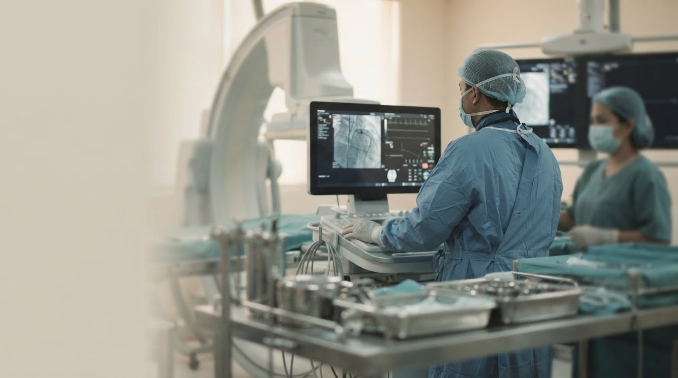 Medical staff in scrubs monitor cardiac imaging results at a workstation inside a catheterization lab.