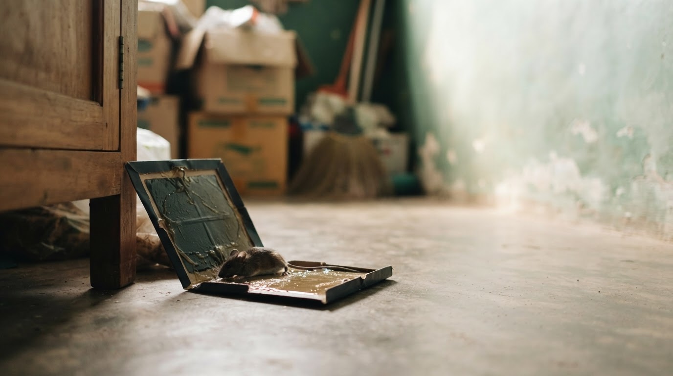 A mouse is trapped on a glue board on the floor of a cluttered room with stacked cardboard boxes in the background.