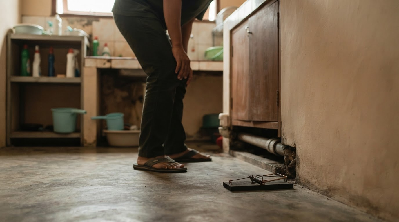 A person stands in a kitchen looking at a mousetrap placed on the floor near a cabinet.