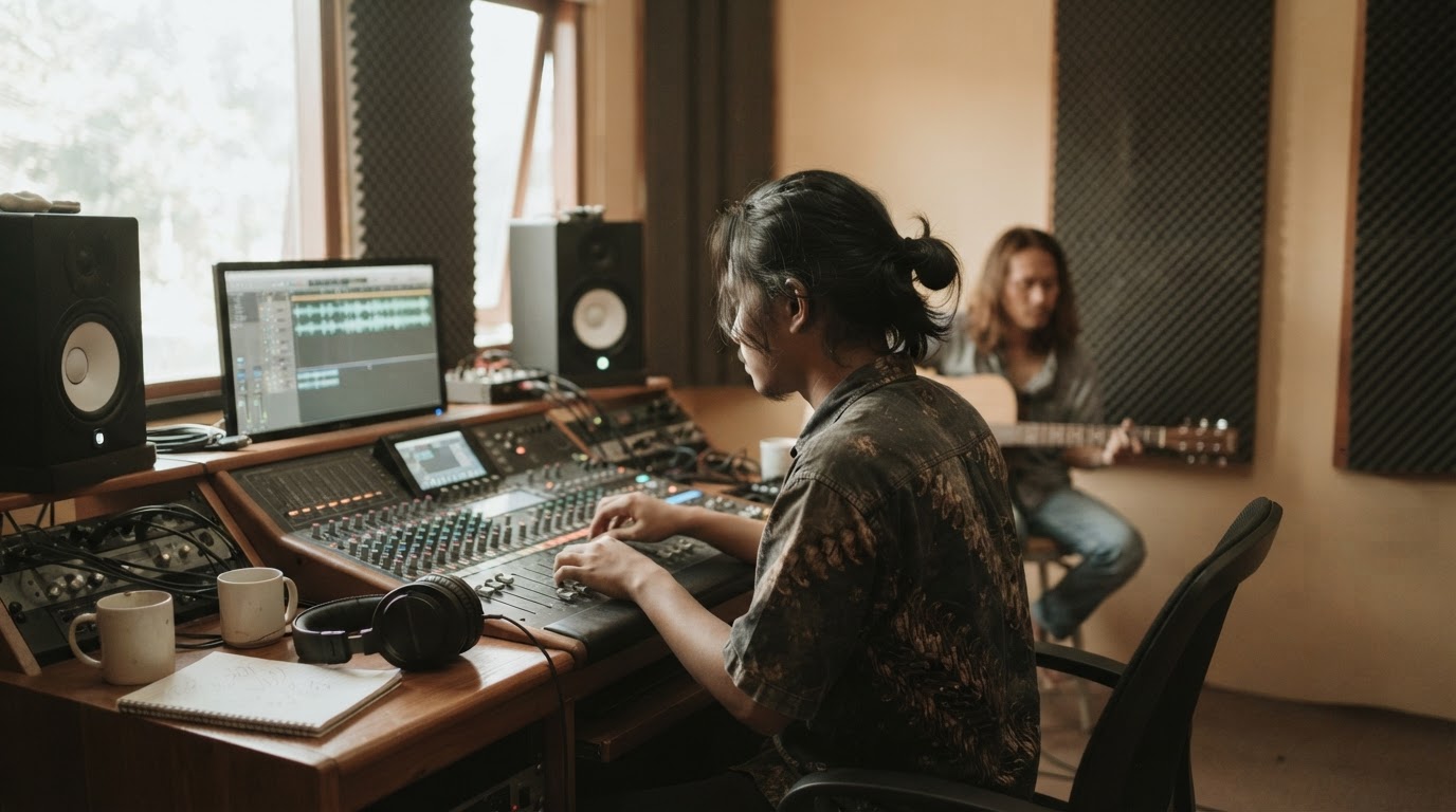 A man adjusts an audio console in a recording studio while another man plays guitar in the background.