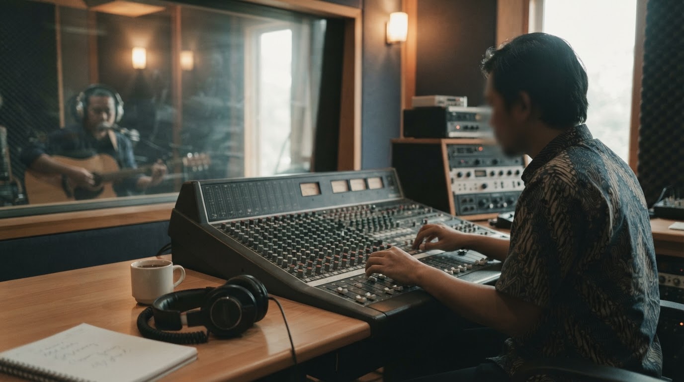 A man adjusts an audio mixer in a recording studio while a musician plays guitar in an isolated booth.