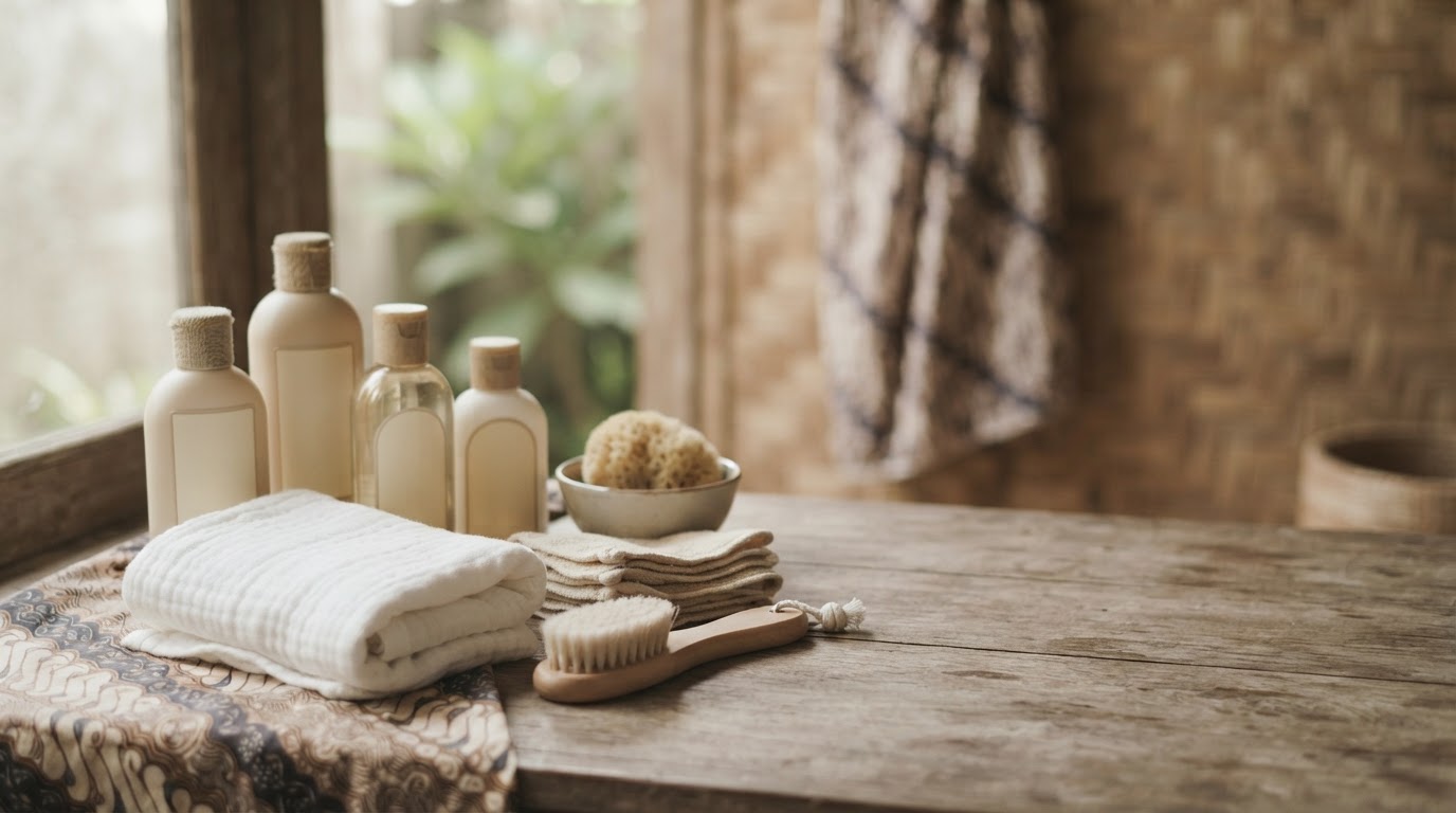 Row of soap bottles, towels, a sponge, and a brush on a wooden table against a woven wall.