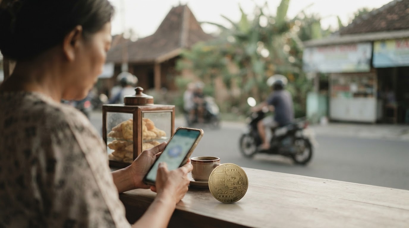 A person holds a phone at a wooden table next to a gold coin, with a busy village street in the background.