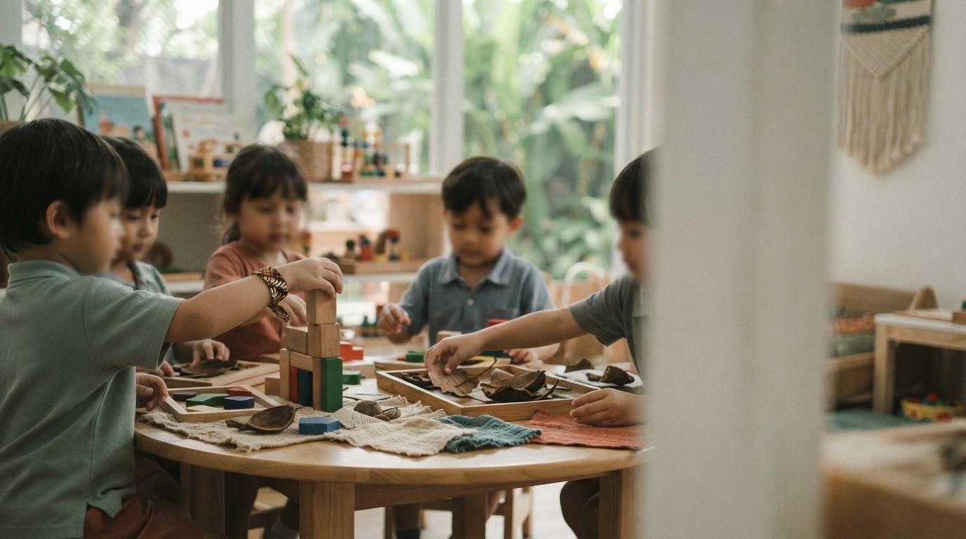 A group of preschoolers sit around a wooden table playing with stacking blocks and natural objects in a classroom.