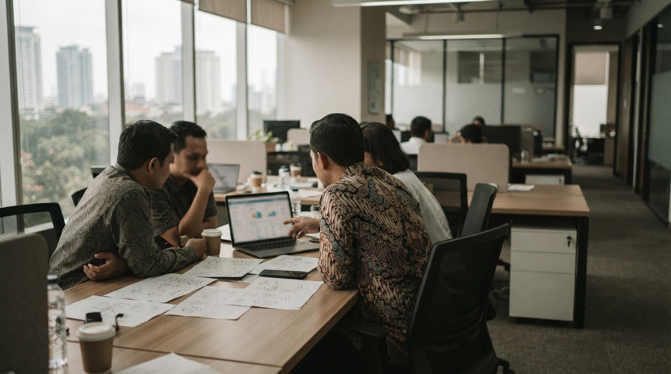 A group of professionals discusses data on a laptop in a modern office with a high-rise city view.