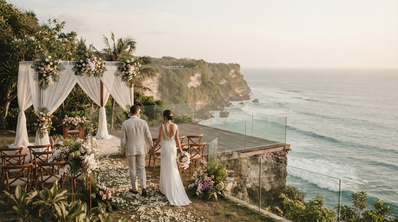 A bride and groom walk hand in hand toward an altar on a cliff overlooking the ocean.