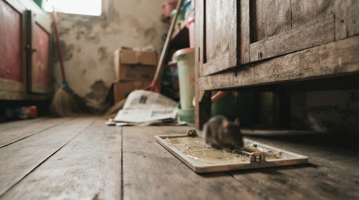 A mouse is trapped on a glue trap board on the wooden floor of a cluttered room.