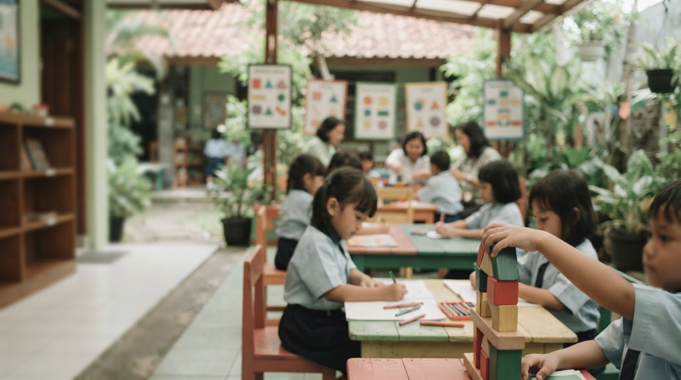 Kindergarten students in uniforms write and play with wooden blocks in an open-air classroom.