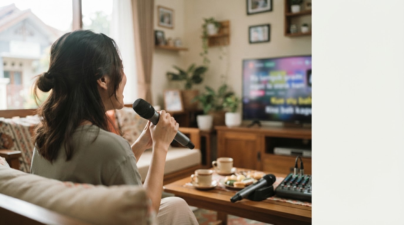 A woman sings into a microphone in a living room with a television displaying song lyrics.