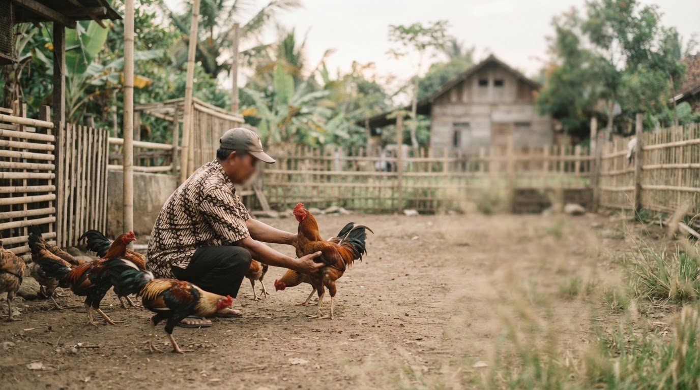 A man in a batik shirt crouches to hold a rooster in a yard with a bamboo fence.