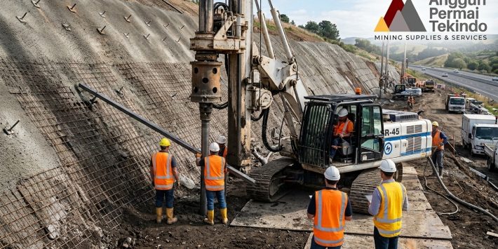 soil nailing, panduan soil nailing, soil nailing untuk engineer geoteknik, perkuatan lereng, tahapan soil nailing, soil nailing vs ground anchor, grouting, shotcrete, pull-out test, stabilisasi lereng tambang
